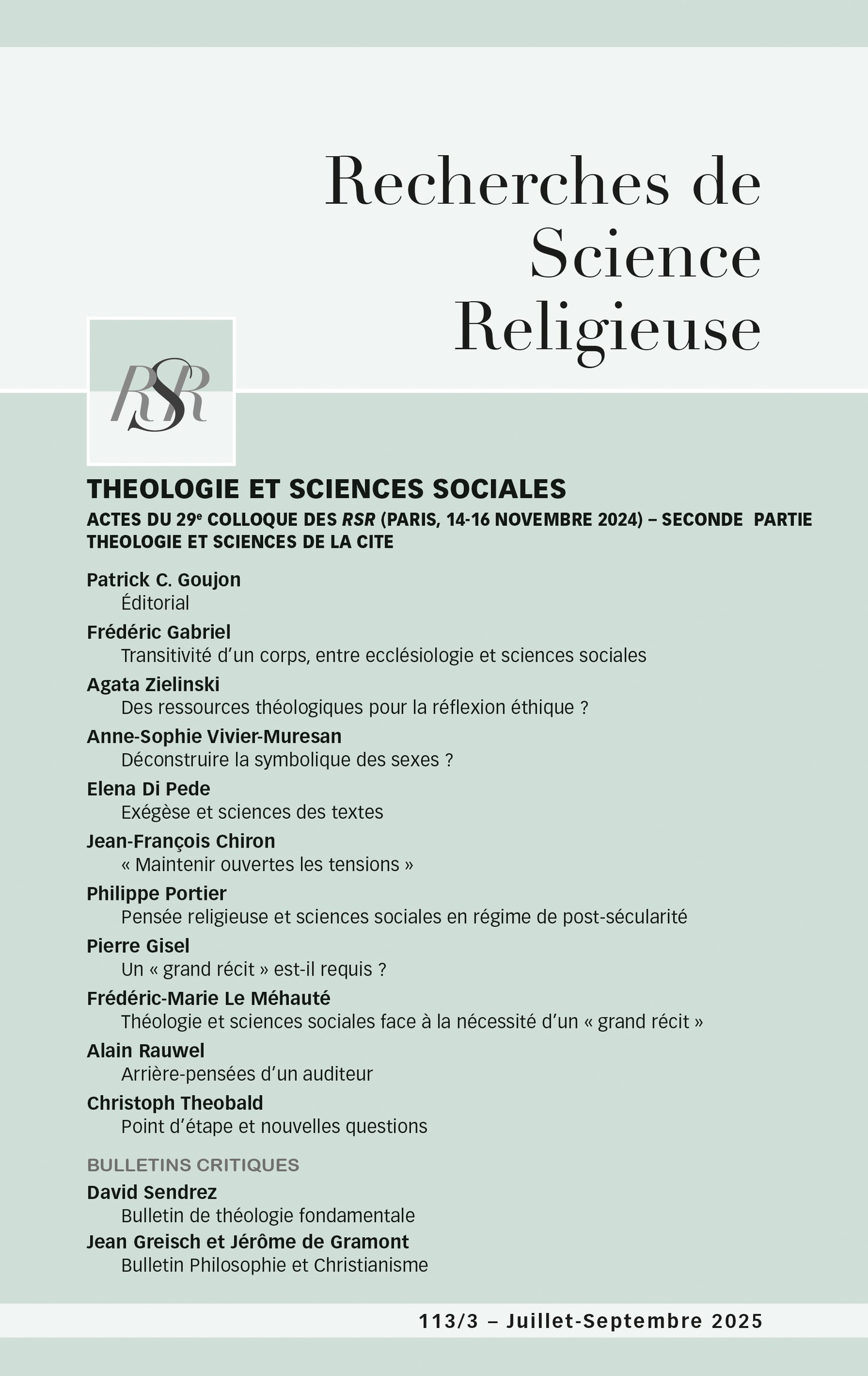 Théologie et sciences sociales - Actes du 29ème colloque des RSR (Paris, 14-16 novembre 2024) – Seconde partie théologie et sciences de la cité