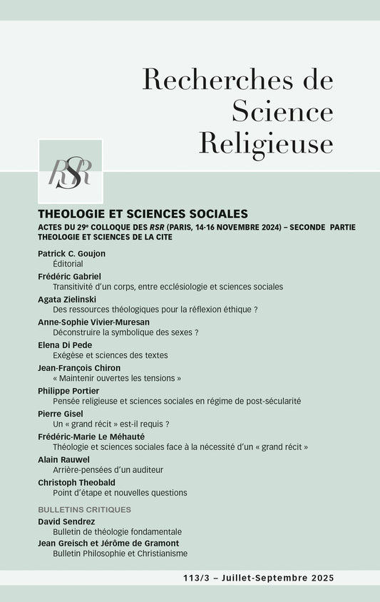 Théologie et sciences sociales - Actes du 29ème colloque des RSR (Paris, 14-16 novembre 2024) – Seconde partie théologie et sciences de la cité